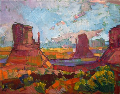 The magnificent landscape of Monument Valley is portrayed here in bold oils and a loose brush.