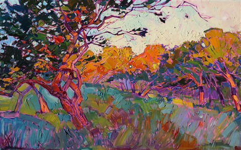 Oak trees of central California play catch and release with the prismatic light of late afternoon. A rainbow of color shimmers from the leaves, and you can almost hear the lyrical sound of wind rustling through the oaks. The impasto oil paint is placed in thick brush strokes, creating a mosaic of color and texture.