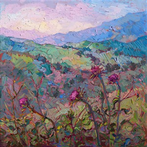 California's natural wildflowers are beautiful during their springtime bloom.  These colorful thistles frame the rolling hills of San Luis Obispo County, in central California's wine country.  Thick brush strokes and vivid color create a tapestry of texture across the canvas.