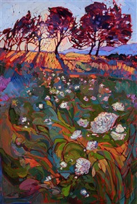 Warm, inviting colors of Oregon's wine country tease the mind and invite you to go tramping through the wild chrysanthemums and over the gently rolling hills. Each brush stroke is intense and significant, creating a beautiful mosaic of color and texture.