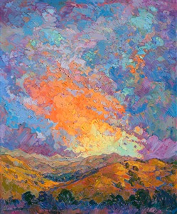 Sherbet colored light breaks through these monsoon clouds, casting warm rays over the rolling hills landscape below.  The brush strokes in this painting are thick and impressionistic, full of color and motion.

This oil painting was created on 2"-deep canvas, with the painting continued around the edges of the wrapped canvas.  The painting arrives ready to hang without a frame. (Please contact the artist if you would like information on framing options for this painting.)