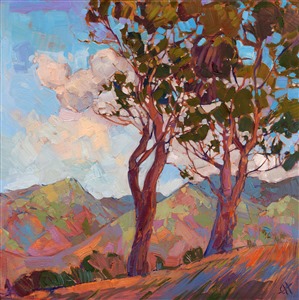 Afternoon hues bathe these Catalina hills of southern California. The brush strokes are vivid and distinct, creating a mosaic of color and texture within the painting.