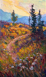 This boldly-colored painting captures that last moment of sunset, when the whole world becomes tinted with golden-red light.  The wildflowers seem to beckon you into the landscape, inviting you to explore beyond the mountain's ridge before dusk finally descends.

This painting was created on a gallery-depth canvas with the painting continued around the edges. It arrives framed in a beautiful hardwood floater frame, ready to hang.

Exhibited: "Impressions in Oil", Studios on the Park. Paso Robles, CA. 2015

Exhibited: St George Art Museum, Utah, in a solo exhibition celebrating the National Park's centennial: <i><a href="https://www.erinhanson.com/Event/ErinHansonMuseumShow2016" target="_blank">Erin Hanson's Painted Parks</a></i>, 2016.