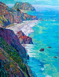 Driving high on the coastal cliffs of central California, you can see the wide vista spreading out beneath you, the rocky shoreline catching the early morning light and casting long blue shadows across the aqua-blue ocean. This large painting captures the magnificent expanse of this vista, the thickly applied brush strokes creating a mosaic dance of color across the canvas.

"Coastal Vista" was created on 1-1/2" canvas, with the painting continued around the edges of the canvas. The piece has been framed in a hand-carved, open impressionist frame.
