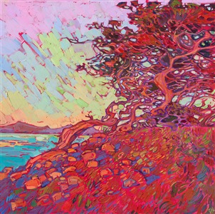 Twisted cypress trees of Monterey hues catch the fading light of day, turning colorful hues of cadmium and burgundy wine. The sky glows green for a moment before the sun sets, turning the scene into a medley of contrasting color and texture.

"Coastal in Red" is an original oil painting on stretched canvas, framed in a gold floating frame. The piece will be displayed at Erin Hanson's solo museum show <i><a href="https://www.erinhanson.com/Event/AlchemistofColor" target="_blank">Erin Hanson: Alchemist of Color</i></a> at the Channel Islands Maritime Museum in Oxnard, California. You may purchase this painting now, but the piece will not be delivered until after the show ends on December 28th, 2023.