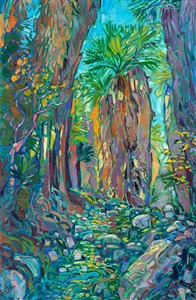 Indian Canyon Palm Oasis in Palm Springs, California, is lush and green all year around, even in the middle of summer. The trickling stream of water stays cool under the arbor of ferns and palm fronds. This painting captures the emerald colors of the desert oasis with thick, expressive brush strokes in Hanson's unique Open Impressionism style.

"Emerald Oasis" is an original oil painting on stretched canvas. The piece arrives framed in a wooden floater frame finished in burnished, 23kt gold leaf and dark sides.