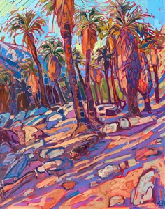 Indian Canyon Palm Oasis is portrayed in classic Open Impressionist style, with thick brush strokes and expressive color. The painting captures the beauty of the oasis desert near Palm Springs, California.

"Palms Oasis" is an original oil painting created on 1-1/2" deep canvas. The painting arrives framed in a contemporary gold floating frame.