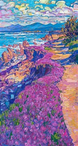 Monterey is famous for its magenta ice plants that grow in abundance along the rocky coastline. The scene is captured with thick, impressionistic brush strokes and lively hues of oil paint.

"Monterey Ice Plant" was created on 1-1/2" stretched canvas. The painting arrives framed in a contemporary gold floater frame, ready to hang.