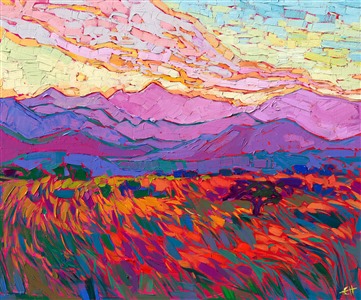 The coastal range bordering the Willamette Valley in Oregon is most beautiful just before sunset, when each layer of the mountain range turns a distinct and separate shade of color. The purple mountains contrast beautifully with the yellow sky above.

"Oregon Sky" was created on linen board, and the painting arrives in a gold plein air frame, ready to hang.