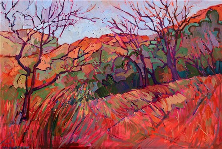 Inspired by the abstract negative spaces behind these October cottonwoods, the artist wanted to capture the fiery reds of the Zion mountains behind the changing colors of the leaves. Spending days and days hiking in Zion makes you feel saturated with reds and greens, and very eager to paint!