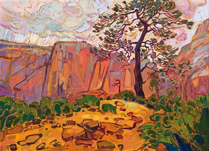 Hiking the 50-mile trans-Zion trek led me to Angel's Landing from a unique perspective - down from the high canyon walls above, instead of up the usual switchback hike to Angel's Landing. This lone pine stood along the trail, towering above the canyon peaks below.

"Pine at Angel's Landing" was created on gallery-depth canvas, with the painting continued around the edges. The piece arrives framed in a contemporary gold floater frame.
