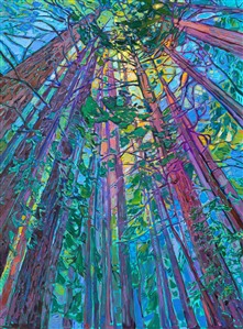 This painting captures the scintillating beauty you see looking up into giant California redwood trees. The sunlight seems to be rainbow-hued and ever-changing, sprinkling down through the far-off fronds. This painting was inspired by the quiet majesty of Muir Woods in northern California.