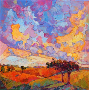 An orange sherbet sky bursts above a landscape inspired by the wine countries of California and Texas. The patterns of the clouds are reflected in the structured and patterned cultivated ground below. Brush strokes stand out thick and bold from the surface of the canvas, creating a mosaic of color and texture.