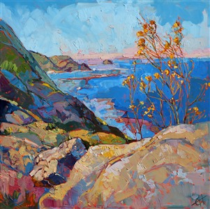 Yellow blooms flourish along the central California coastline near Big Sur. This highly textured oil painting brings to life the movement and freedom of the coast. The brush strokes are loose and impressionistic, creating a mosaic of color and texture.