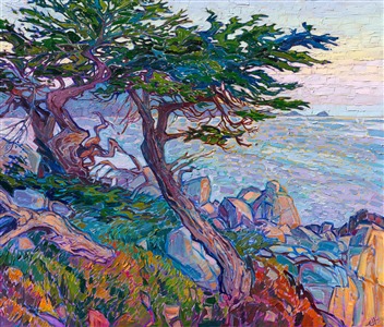 The last light of day turns the rocky coastline of Pebble Beach into a milky array of pastel hues. A pair of cypress trees with weathered branches stand against the coastal winds, spreading their shaggy arms into the dusky sky. The impressionistic brush strokes are loose and expressive, capturing the moment with bold color and impasto texture.

"Cypress Dusk" was created on 1-1/2" canvas, with the painting continued around the edges. The piece arrives framed in a contemporary gold floater frame finished in 23kt gold leaf.