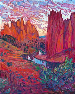 Smith Rock, Oregon, is captured in an impressionistic painting filled with light and color. The textured brush strokes are thickly applied, adding a sense of movement to the piece. 

"Smith Rock II" is an original oil painting by Erin Hanson. The painting arrives framed in a contemporary gold floater frame, ready to hang.