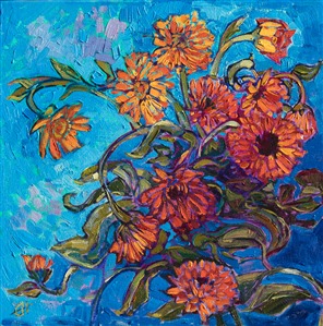 Curving stems and vibrant oranges dance together in this petite floral painting. The brush strokes are loose and expressive, the texture of the painting pulling you into the canvas.

"Tangerine Blooms" was created on 1-1/2" canvas and arrives framed in a custom-made, gold floating frame.