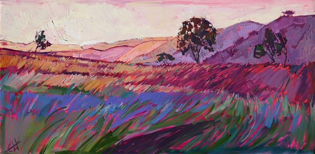 Warm yellows against cool lavenders create a beautiful contrast in this painting of Paso Robles. The painting has a soothing feeling that transports you to a quiet morning far from bustling cities. The brush strokes in the painting are thick and impressionistic, applied without layering in the style of alla-prima.