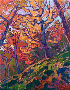 The back-lit Japanese maples glow in a rainbow of color, the gracefully twisting branches cutting abstract shapes between the delicate maple leaves. The brush strokes are lively and impressionistic, vibrant with color.

This painting was created on linen board, and it arrives ready to hang in a custom-made frame.
