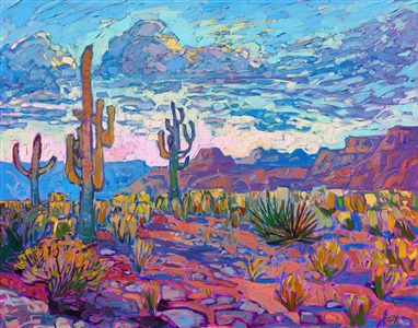 The stately saguaro stands tall against a desert backdrop rich with color. This painting was inspired by the landscape near Scottsdale, Arizona. The brush strokes are loose and expressive, capturing the movement and vibrant hues of the vista.

"Arizona Clouds" is an original oil painting on 1-1/2" deep canvas. The piece has been framed in a contemporary gold floater frame. "Arizona Clouds" will be on display at the Desert Caballeros Museums and will be available to purchase through their annual <a href="https://westernmuseum.org/about-cowgirl-up/" target="_blank">Cowgirl Up!</a> exhibition.