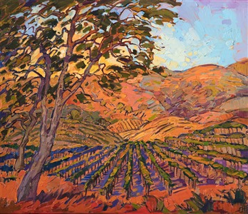 An impressionistic dance of color, this painting captures the beauty of Napa Valley in the late summer, when the vineyards are dusky green and the hillsides are hues of gold and hazel. The brush strokes in this painting are loose and expressive, capturing the transient beauty of a passing sunrise.

This painting was created on 1-1/2" deep canvas, and it has been framed in a gold floater frame.