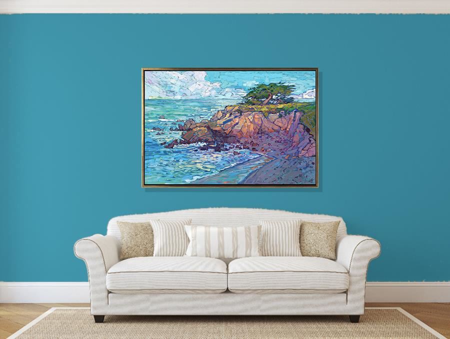 An Erin Hanson painting on a darker wall