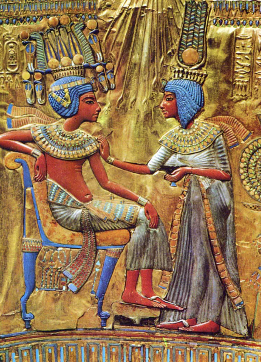 A detail from the throne of Tutankhamun which shows the pharaoh with his wife Ankhsenamun on the right. c. 1327 BCE, National Museum, Cairo.