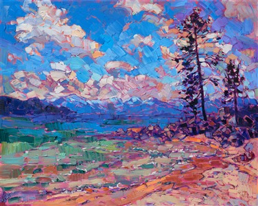 The stunning colors of northern California's Lake Tahoe come alive in vivid relief in this oil painting.  This painting is the first expression by the artist of this beautiful retreat.  The brush strokes are loose and impressionistic, full of joy and motion.

This painting was created on 1-1/2" deep canvas, with the painting continued around the edges.  The painting is framed in a gold floater frame with black sides.  It arrives wired and ready to hang.