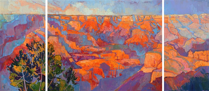 The wide expanse of the Grand Canyon's south rim spreads across three canvases in this dramatic triptych. The colors are saturated and variegated, bringing to life the emotional impact of seeing the Grand Canyon in person. The brush strokes in this painting are loose and impressionistic, full of texture and movement.

This painting was created on three museum-depth canvases, with the painting continued around the edges of each stretched canvas. This painting was designed to hang without a frame.  

Exhibited: St George Art Museum, Utah, in a solo exhibition celebrating the National Park's centennial: <i><a href="https://www.erinhanson.com/Event/ErinHansonMuseumShow2016" target="_blank">Erin Hanson's Painted Parks</a></i>, 2016.

(Tip for hanging triptych paintings: first hang the center panel, making sure it is very straight.  You can use standard OOK picture hanging hooks.  Next, hang the two side panels, spacing them 2-3 inches apart, and making sure the bottom edges line up with the center panel.  The eye tends to focus on the bottom horizontal edge of the painting, so make sure this is a straight line.)