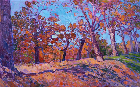 This painting was inspired by September sycamores growing in southern California. Their burnt orange color against the early autumn sky was an intriguing contrast.  This painting celebrates the natural beauty that can be found anywhere around one, even in a concrete city like Los Angeles.

This painting is part of <a href="https://www.erinhanson.com/Event/ErinHansonTheOrangeShow">The Orange Show</a>, showing at The Erin Hanson Gallery during the month of October.  The piece is available for purchase now, but the painting would be shipped at the end of the exhibition.

This painting has been framed in an Open Impressionist frame. These frames are one-of-a-kind, hand carved in the US and hand-gilded with 23kt gold leaf. The Open Impressionsist frame is a beautiful blend of classic American impressionist frames and contemporary "floater frames," just as my style is a unique blend of the classic and contemporary. The frame is designed to stand away from the edge of the canvas, leaving a 1/4" gap around the painting, which allows you to experience every brush stroke on the canvas. 

