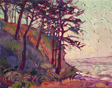 Colors of sangria blend together in this coastal painting.  Tall cypress trees gather along the banks, filtering the early morning fog through their branches.

This small oil painting arrives framed and ready to hang.