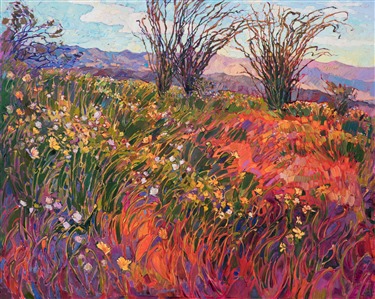 California experienced an amazing wildflower super bloom this year, and thousands of people flocked to Borrego Springs to see the phenomenon.  This painting captures all the magic and beauty of the desert in bloom.

This painting was created on 1-1/2" deep canvas, with the painting continued around the edges.  The painting arrives framed in a carved floater frame designed for the painting.

This painting will be displayed at <a href="https://www.erinhanson.com/event/californiasuperbloomartexhibition">The Super Bloom Show</a>, September 9th, at The Erin Hanson Gallery in San Diego.  If you purchase this painting before the show, your piece will be shipped to you after September 9th.