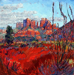 Sedona in all its red glory. The brush strokes are thick and impressionistic.
