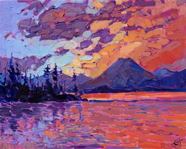 This petite oil painting captures the Oregon Cascades in abstracted shapes and vibrant brush strokes.  The sunset colors are beautifully saturated hues of pink and sherbet.  Each brush stroke captures the impression of a fleeting moment in time during the rapidly changing colors of the sky.

This oil painting was done on canvas-wrapped board. 