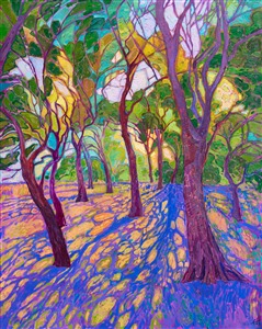 This "Crystal Light Series" painting captures the light cast beneath the trees of Texas cottonwoods, inspired by a park in Richardson, TX. The brush strokes are loose and expressive, capturing the vibrant light of early morning with a stained-glass effect. 

"Crystal Arbor" was created on 1-1/2" canvas, with the edges of the canvas painted. The piece arrives framed in a simple, contemporary gold leaf floater frame.