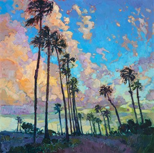 Colorful, early morning clouds pop behind the rows of palm trees lining the San Diego harbor.  The brush strokes are lively and impressionistic, capturing the movement and freedom of the outdoors.

This painting was done on 1-1/2" canvas, with the sides of the canvas painted. The work has been framed in a carved gold floater frame.