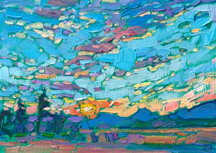 This petite painting is only 5x7 inches, yet it captures the wide vista of a dramatic sunset with a few miniature, impressionistic brush strokes. Like a small jewel of color, this painting will brighten up any wall in your home.

"Petite Sky" is an original oil painting on linen board. The piece arrives framed in a wide, custom frame designed to set off the colors in the piece.