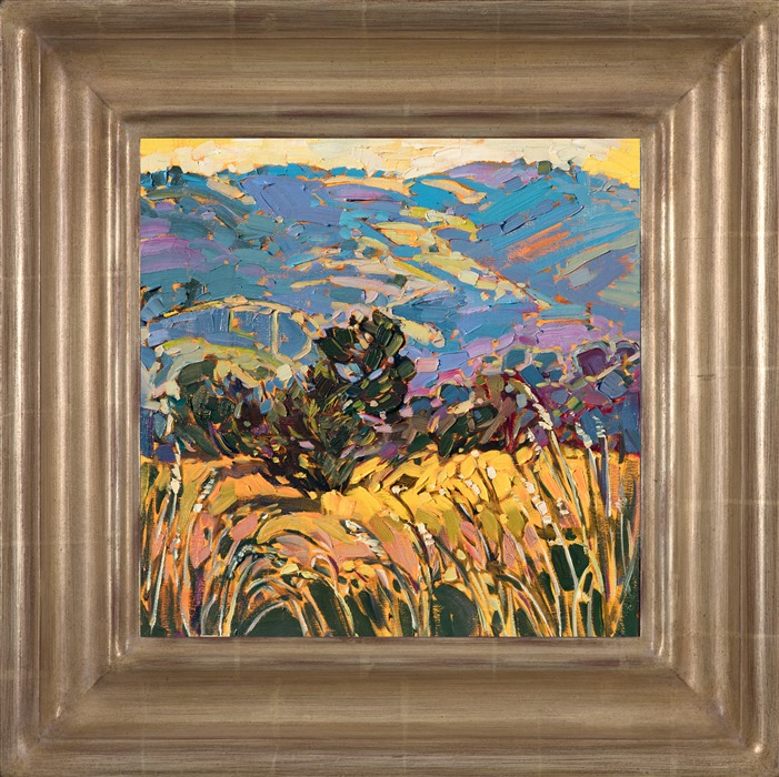 Summer golds and greens stand out in bold contrast against the lavender and blue hillsides in the distance. This painting captures the beautiful landscape near Alpine, Texas, in Big Bend Country.</p><p>This painting will be on display at the Museum of the Big Bend, during the solo exhibition <i><a href="https://www.erinhanson.com/Event/MuseumoftheBigBend" target="_blank">Erin Hanson: Impressions of Big Bend Country.</a></i> This painting will be ready to ship after January 10th, 2019. <a href="https://www.erinhanson.com/Portfolio?col=Big_Bend_Museum_Show_2018">Click here</a> to view the collection.</p><p>This painting has been framed in a custom-made gold frame. The painting arrives ready to hang.