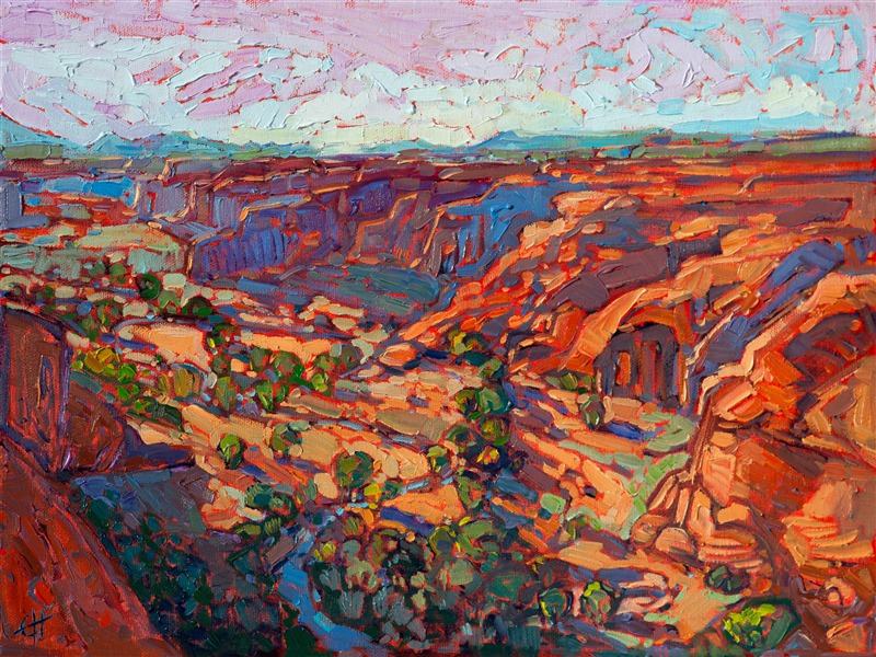 Canyon de Chelly has drawn be back to paint its ever-changing colors and shadows, year after year.  This painting shows the delicate early spring colors as canyon floor becomes sprinkled with tender green shoots.</p><p>This painting was done on 3/4"-deep stretched canvas. It has been framed in a classic plein air frame and arrives wired and ready to hang.