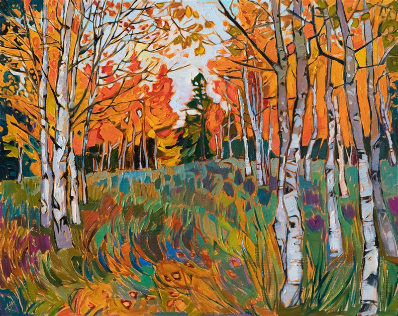 Southern Utah has some of the most beautiful aspen tree forests. This painting of Cedar Breaks National Park captures the changing hues of autumn as the coin-shaped leaves turn fiery hues of orange, yellow, and red.</p><p>"Aspen Hill" was created on fine linen canvas, and the painting arrives framed in a hand-carved, gold plein air frame.
