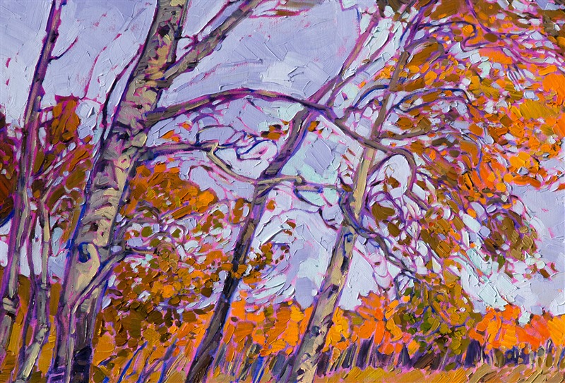 This painting of Cedar Breaks National Park, in Utah, captures the contrast of the autumn aspens against a lavender-hued, cloudy dawn sky.  This painting is alive with texture and motion, the brush strokes forming an impressionistic mosaic of color.</p><p>This painting has been framed in a hand-carved, gold-leaf floater frame.  This custom frame beautifully complements the colors in the painting.  Read more about the <a href="https://www.erinhanson.com/Blog?p=AboutErinHanson" target="_blank">painting's details here.</a><br/>