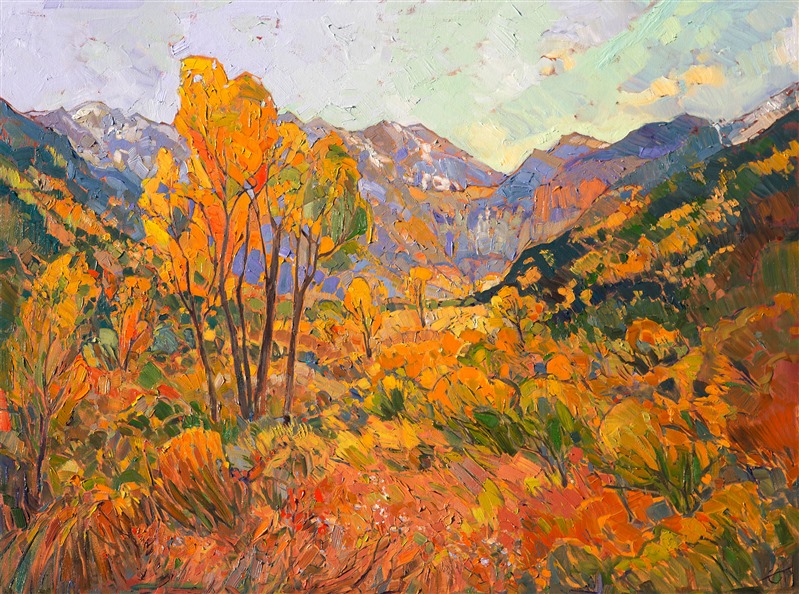 This painting was inspired by October explorations in Colorado, seeking out the brilliant color changes of the aspens and cottonwoods.  The brush strokes are thick and impressionistic, creating a mosaic of color and texture across the canvas.</p><p>This painting was created over 24 karat gold leaf, applied directly to the canvas as an "underpainting." The thin sheets of genuine gold gleam with subtle light from between the brush strokes, catching the eye and making the painting seem to glow from within. This style of painting is almost a Gustav Klimt meets Van Gogh.</p><p>Like all the <a href="https://www.erinhanson.com/Portfolio?col=24_Karat_Collection">24 Karat Collection</a> paintings, this piece was painted on 3/4" canvas and arrives framed in a classic gilded frame, ready to hang.  Please <a href"https://www.erinhanson.com/Contact"> contact the artist</a> for more pictures and video of the finished piece.  </p><p>Exhibited: St George Art Museum, Utah, in a solo exhibition celebrating the National Park's centennial: <i><a href="https://www.erinhanson.com/Event/ErinHansonMuseumShow2016" target="_blank">Erin Hanson's Painted Parks</a></i>, 2016.