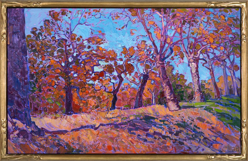 This painting was inspired by September sycamores growing in southern California. Their burnt orange color against the early autumn sky was an intriguing contrast.  This painting celebrates the natural beauty that can be found anywhere around one, even in a concrete city like Los Angeles.</p><p>This painting is part of <a href="https://www.erinhanson.com/Event/ErinHansonTheOrangeShow">The Orange Show</a>, showing at The Erin Hanson Gallery during the month of October.  The piece is available for purchase now, but the painting would be shipped at the end of the exhibition.</p><p>This painting has been framed in an Open Impressionist frame. These frames are one-of-a-kind, hand carved in the US and hand-gilded with 23kt gold leaf. The Open Impressionsist frame is a beautiful blend of classic American impressionist frames and contemporary "floater frames," just as my style is a unique blend of the classic and contemporary. The frame is designed to stand away from the edge of the canvas, leaving a 1/4" gap around the painting, which allows you to experience every brush stroke on the canvas. <br/>