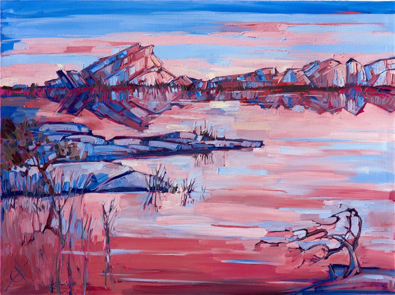 One of Hanson's early paintings of Joshua Tree National Park, this piece captures the still water and reflections of Barker Dam.  The brush strokes are extra wide and thickly applied, as the artist experiements with how loose she can make her strokes while still capturing the essense of the landscape.</p><p>This painting was done on 1-1/2" canvas, with the painting continued around the edges. The painting is framed in a gold leaf floater frame to complement the colors in the piece. </p><p>This painting was included in the exhibition <i><a href="https://www.erinhanson.com/Event/ContemporaryImpressionismatGoddardCenter" target="_blank">Open Impressionism: The Works of Erin Hanson</i></a>, a 10-year retrospective and study of the development of Open Impressionism at The Goddard Center in Ardmore, OK. 
