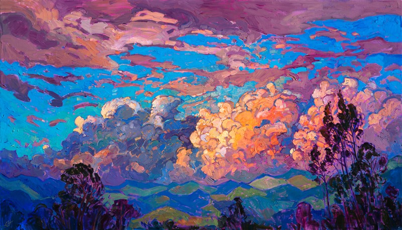 After a week of rain in San Diego, the clouds finally broke, just in time for sunset to light them in glorious hues of orange and pink. The loose, impressionist brush strokes in this painting capture the fleeting moment of color, creating a sense of movement and texture within the skyscape.</p><p>This painting was done on 2"-deep canvas, with the painting continued around the edges for a finished look.