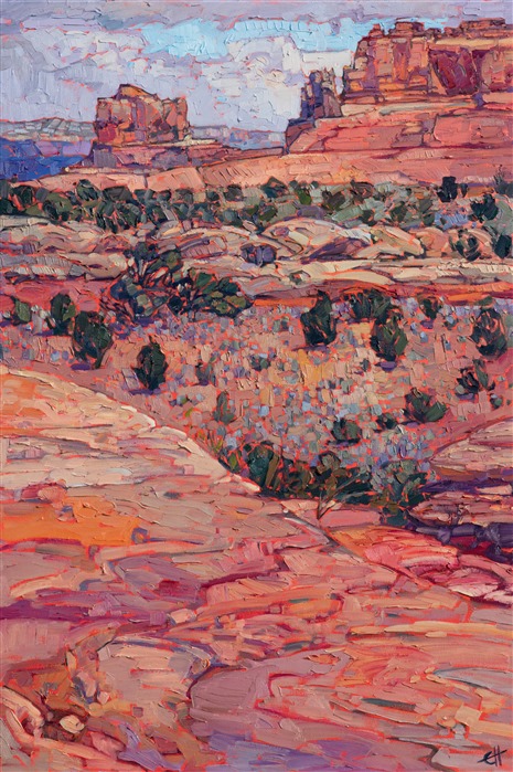 The Needles District of Canyonlands National Park is alive with color throughout the year.  In the summer the giant monsoon clouds roll through every day and dump rain across the desert floor.  The red earth becomes bedewed with green sprouts and richly toned plantlife. This painting captures the beauty of the Canyonlands with wide, thick brushstrokes and vivid colors.</p><p>This painting will be shown in the <a href="https://www.erinhanson.com/Event/redrock2018" target=_blank"><i>The Red Rock Show</i></a> at The Erin Hanson Gallery, June 16th, 2018.  <a href="https://www.erinhanson.com/Portfolio?col=The_Red_Rock_Show_2018" target="_blank"><u>Click here</u></a> to view the other Red Rock paintings.