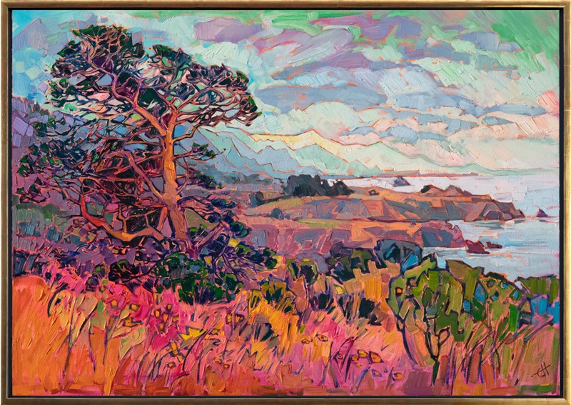 A dramatic pine stands atop a cliff overlooking the layers of coast stretching south. The morning fog still lingers over the landscape, creating a sense of atmosphere in the distance.</p><p>"Coastal Pine" was inspired by the landscape south of Mendocino, California. The brush strokes are thick and impressionistc, creating a mosaic of color and texture across the canvas. The painting arrives framed in a contemporary gold floater frame.