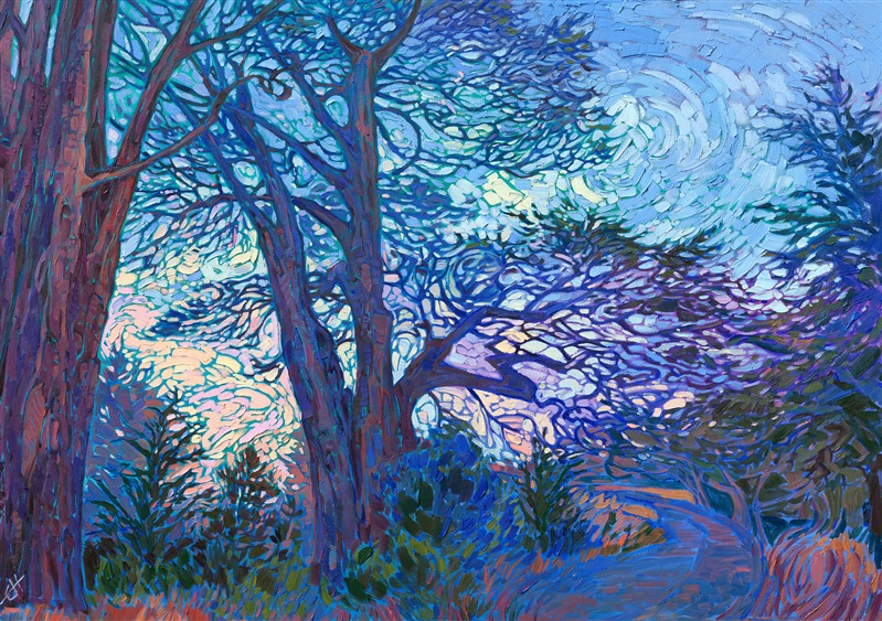 Dusky hues of purple and turquoise glow on this canvas of Mendocino, California. The textured spaces between the branches of the cypress tree create a sense of motion in the scene. Each brightly colored brush stroke glimmers with light against the dark underpainting.</p><p>"Cypress Pines" was created on gallery-depth canvas, in a modern impressionist style known as Open Impressionism. The brush strokes are loose and painterly, created with thickly applied oil paint. The painting has been framed in a hand-made, burnished silver floater frame.