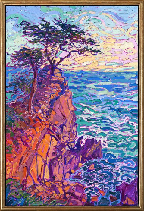 Curving waves of white foam swirl at the base of Lone Cypress, off Seventeen Mile Drive in Pebble Beach, CA. The impressionistic color is vibrantly alive, capturing the emotional impact of seeing Lone Cypress in person.</p><p>"Cypress Waves" is an original oil painting on stretched linen. The painting was created in Erin Hanson's signature Open Impressionism style. The painting arrives framed in a hand-made, closed corner floater frame, ready to hang.