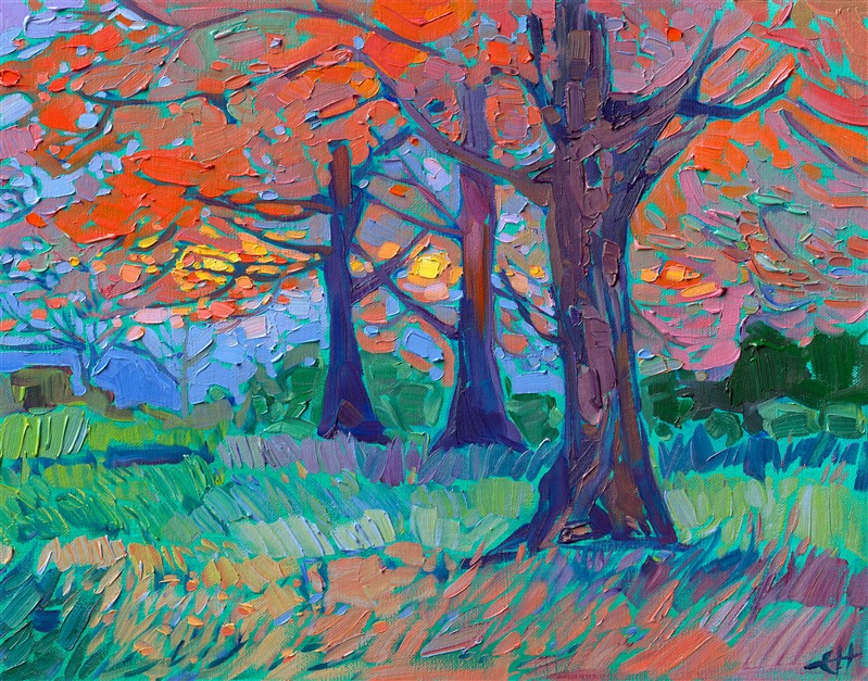 Fiery hues of a setting sun peek between the branches of a maple tree on my new estate in Oregon wine country. The brush strokes in the painting capture the hues of autum in the northwest.</p><p>"Estate at Sunset" was created on linen board. The oil painting arrives framed in a black and gold frame, ready to hang.